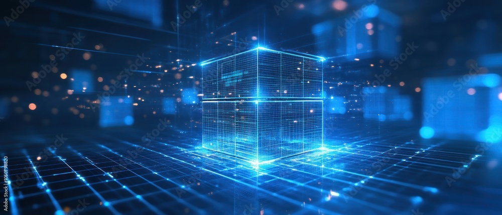Fototapeta premium A glowing 3D cube surrounded by a digital grid, symbolizing technology and data processing.