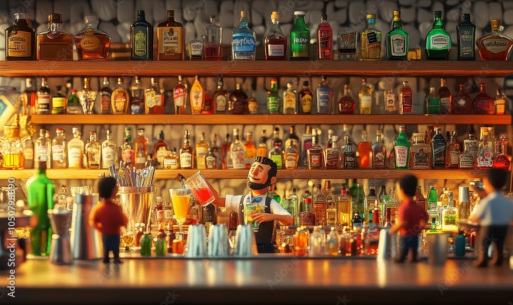 Bartender serves drinks in a busy bar. Bartender serves drinks in a busy bar.