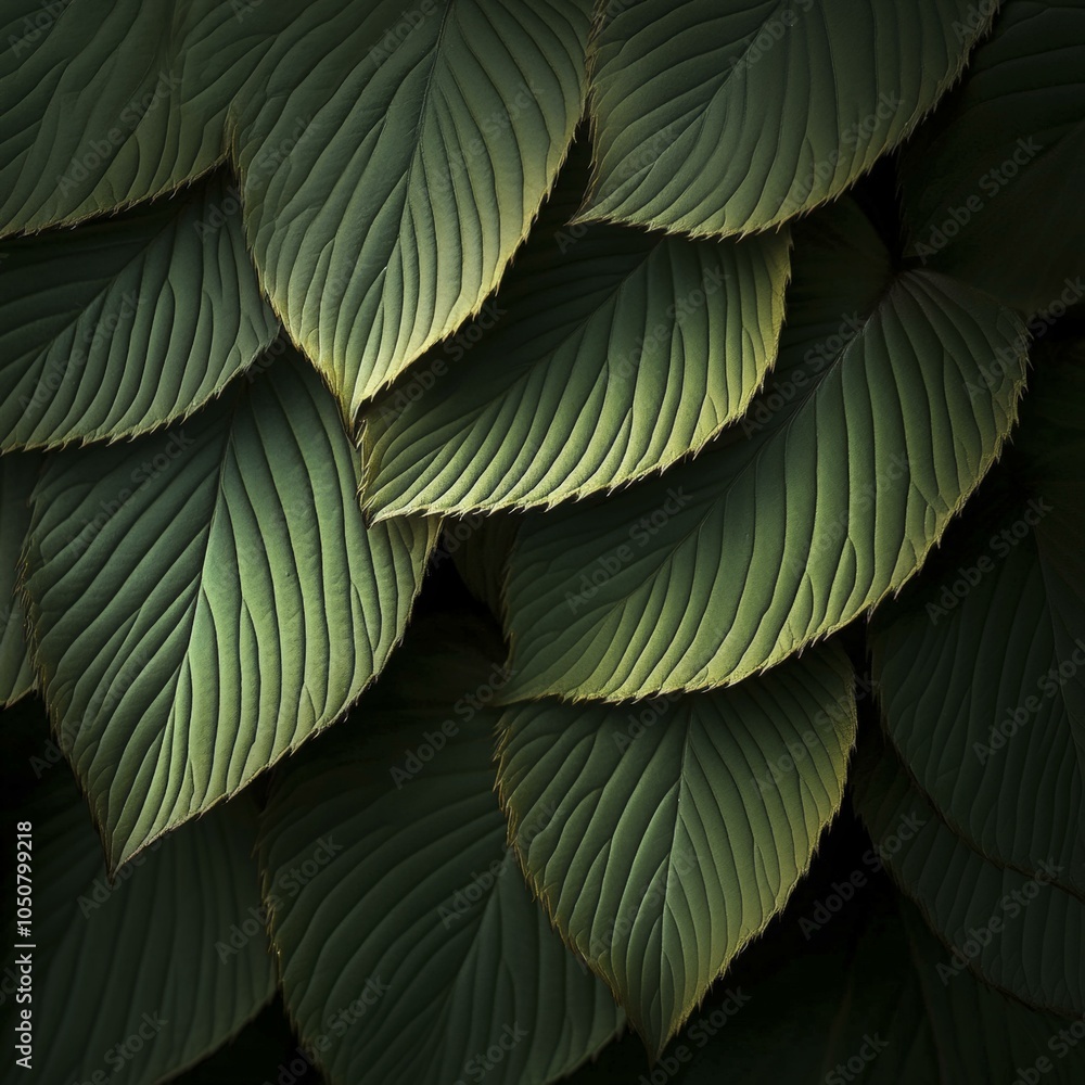 Naklejka premium Close-up View of Green Leaves with Intricate Texture