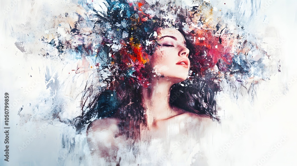Woman with closed eyes surrounded by abstract art. Woman with closed eyes surrounded by abstract art.