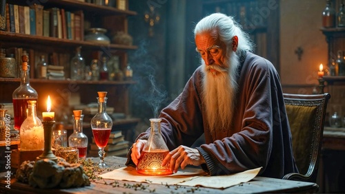 Elderly Alchemist Studying a Glowing Elixir in Candlelit Room