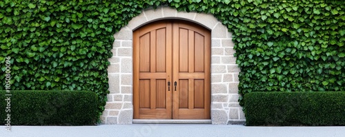 Ivy framing a large wooden door of a stone house, evening light, vintage atmosphere