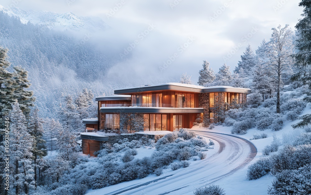 Modern Mountain Chalet Surrounded by Snowy Forest and Scenic Alpine Peaks - Serene Winter Landscape with Frost-Covered Trees, Luxury Cabin, and Winding Snowy Road 