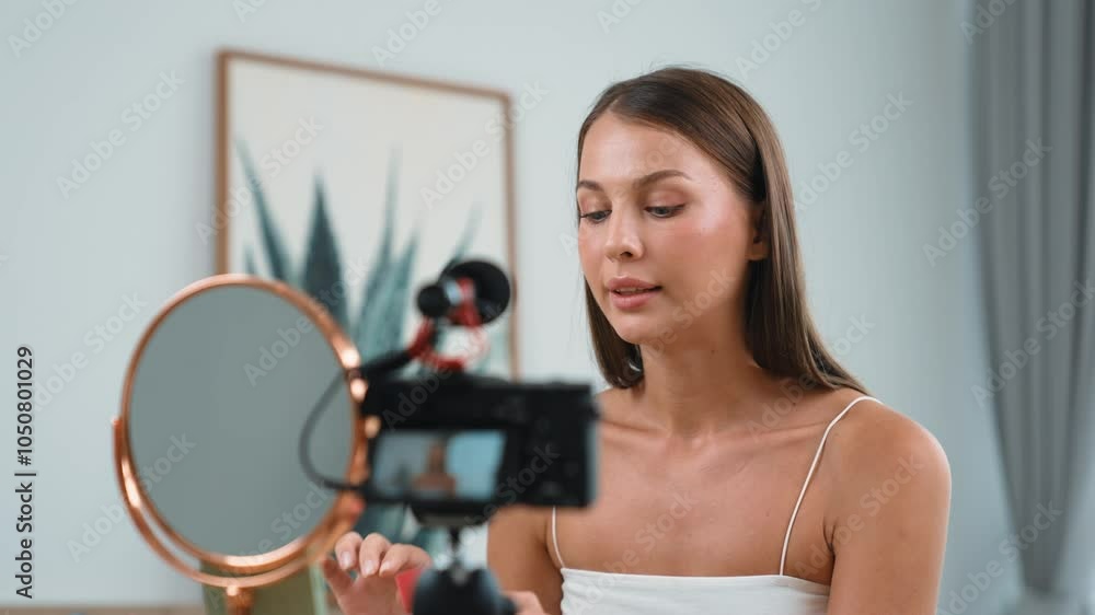 Young woman making beauty and cosmetic tutorial video content for social media. Beauty blogger smiles to camera while showing how to beauty care to audience or followers. Adit Young woman making beauty and cosmetic tutorial video content for social media. Beauty blogger smiles to camera while showing how to beauty care to audience or followers. Adit