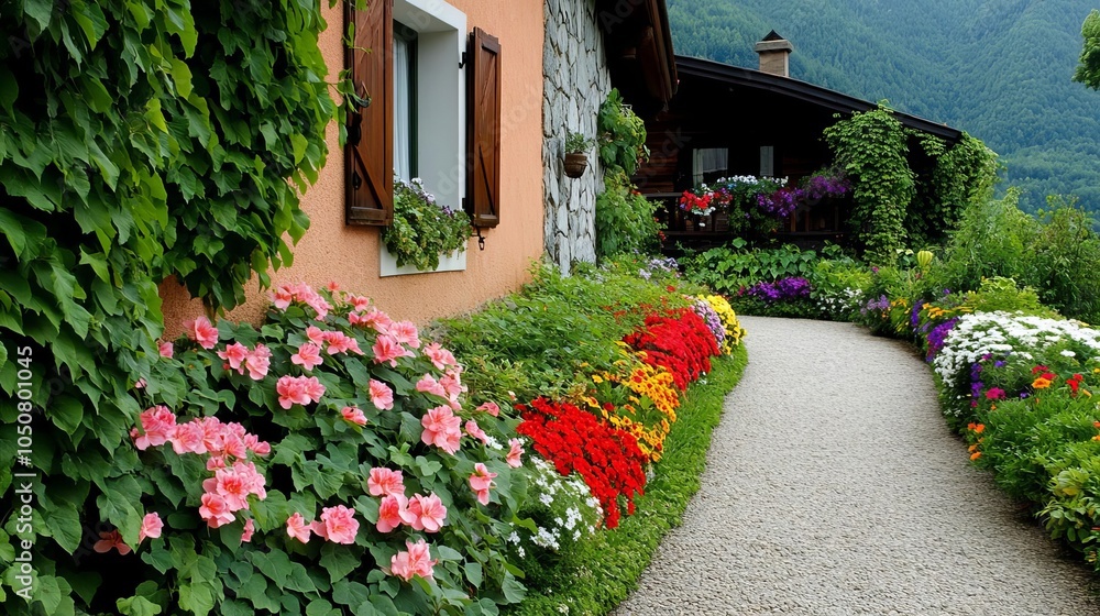 Naklejka premium Ivy trailing along a garden path to a cozy house, colorful flowers lining the way
