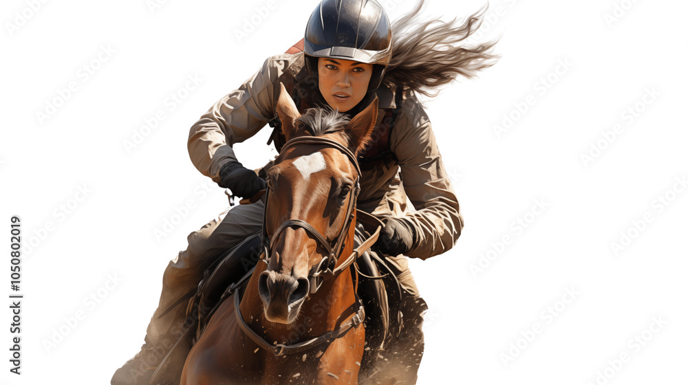 Horse and rider at full speed, showcasing dynamic power and motion, isolated on a white background. Horse and rider at full speed, showcasing dynamic power and motion, isolated on a white background.