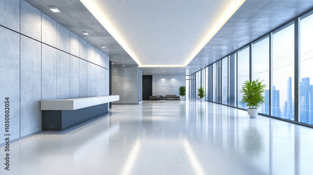 Modern office lobby with sleek design and panoramic city views, AI Modern office lobby with sleek design and panoramic city views, AI