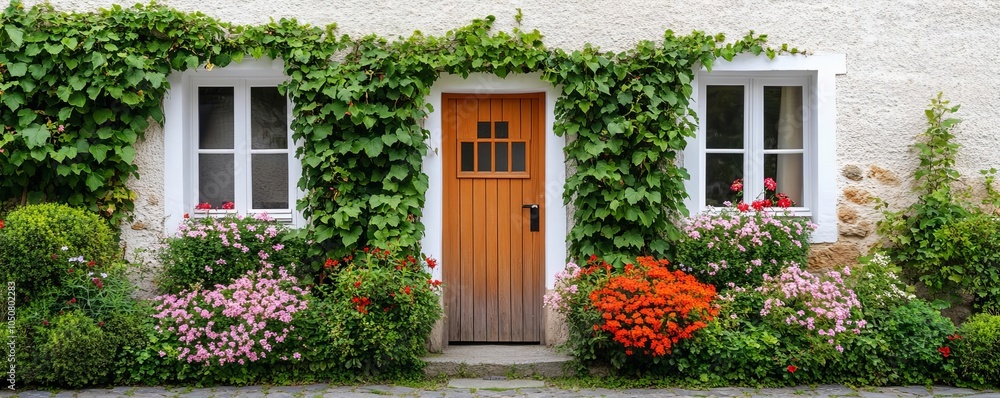 Ivy-covered house with a small wooden gate, flowers growing around, welcoming scene Ivy-covered house with a small wooden gate, flowers growing around, welcoming scene