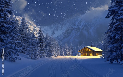 Modern Mountain Chalet austrian mountains christmass snow road 