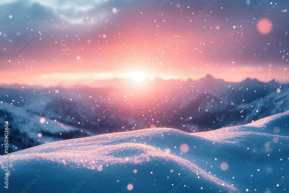 Snowy landscape with sun setting in the distance Snowy landscape with sun setting in the distance