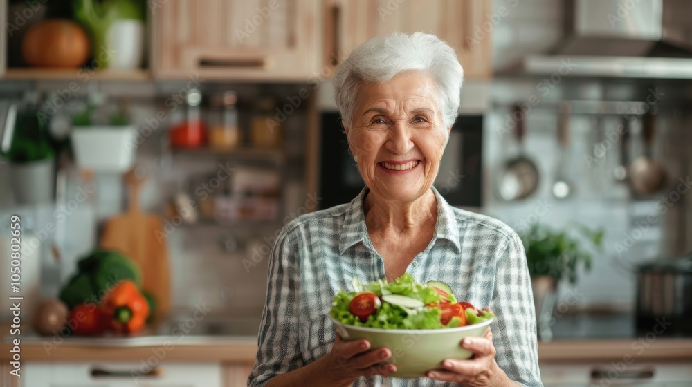 Bright and cheerful elderly woman holding a plate of vegetables, promoting a healthy lifestyle and aging with vitality. Bright and cheerful elderly woman holding a plate of vegetables, promoting a healthy lifestyle and aging with vitality.