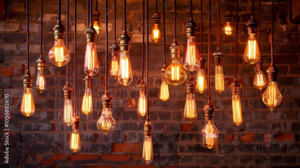Warm, glowing Edison-style filament light bulbs hang in a cozy, dimly lit space Warm, glowing Edison-style filament light bulbs hang in a cozy, dimly lit space