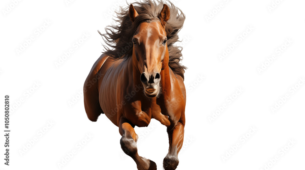 Obraz premium Close-up view of horse hooves in motion, kicking up dust as they race at high speed, isolated on white background.