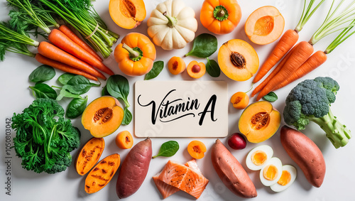 Various fresh vegetables and fruits, fish with a sign saying vitamin A photo