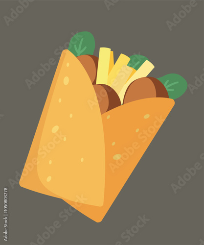 Flat Design Illustration with Lavash at Fries French, Ball,Basilic