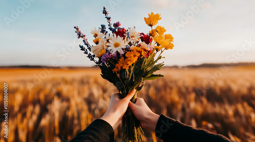 Colorful bouquet held against a golden wheat field under a sunset sky. photo