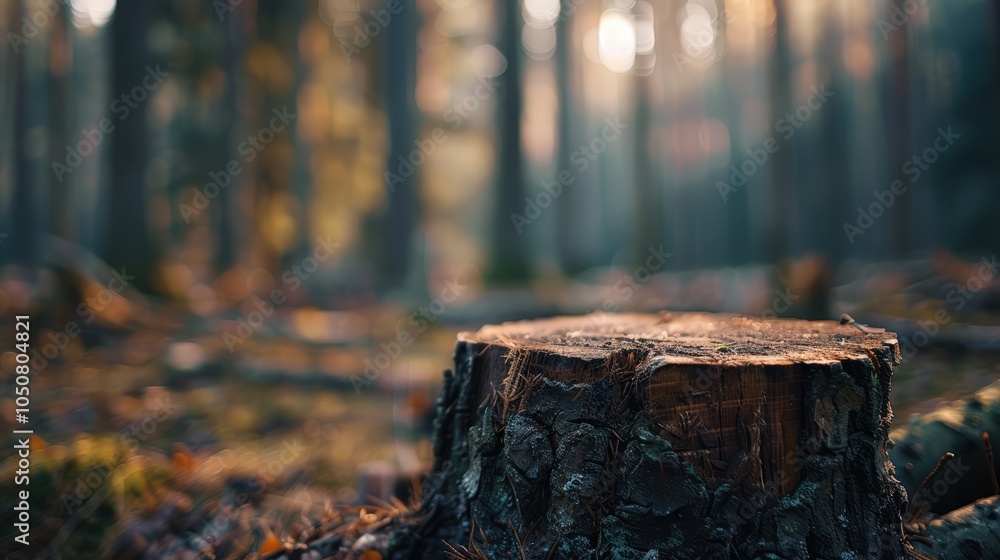 Deforestation scene depicting tree stumps and logs in a forest, highlighting the effects of logging on nature and the environment Deforestation scene depicting tree stumps and logs in a forest, highlighting the effects of logging on nature and the environment