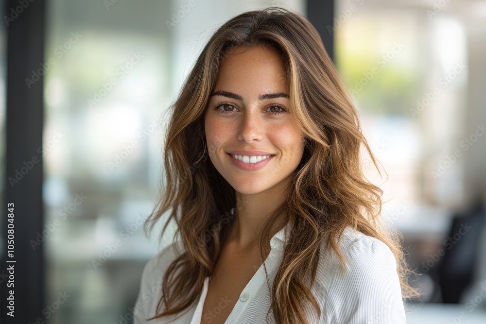Portrait of smiling businesswoman standing in office, Generative AI Portrait of smiling businesswoman standing in office, Generative AI