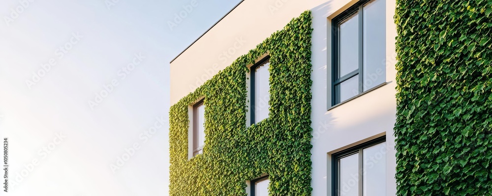 Modern villa with green ivy wall, glass windows, sunlight reflecting, chic urban feel Modern villa with green ivy wall, glass windows, sunlight reflecting, chic urban feel