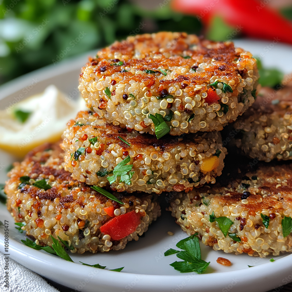 Stack of Crispy Quinoa Patties with Fresh Herbs on Plate Stack of Crispy Quinoa Patties with Fresh Herbs on Plate