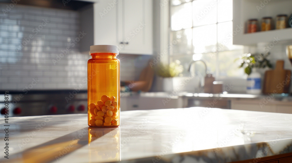 Sunlit kitchen counter featuring a pill bottle, highlighting healthcare management in a domestic setting. Sunlit kitchen counter featuring a pill bottle, highlighting healthcare management in a domestic setting.