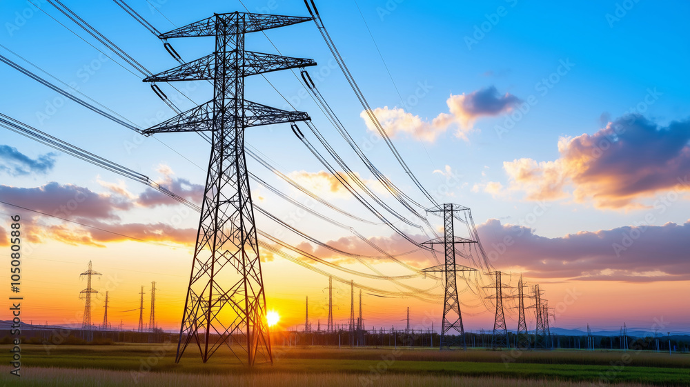 Fototapeta premium AI smart grids optimize electricity flow at sunset in rural areas