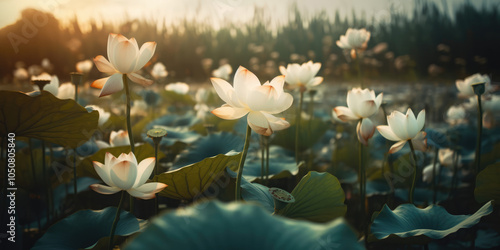 White Lotus Flowers Blooming in the Pond. Lotus Flower Background. Water Lily Flowers photo