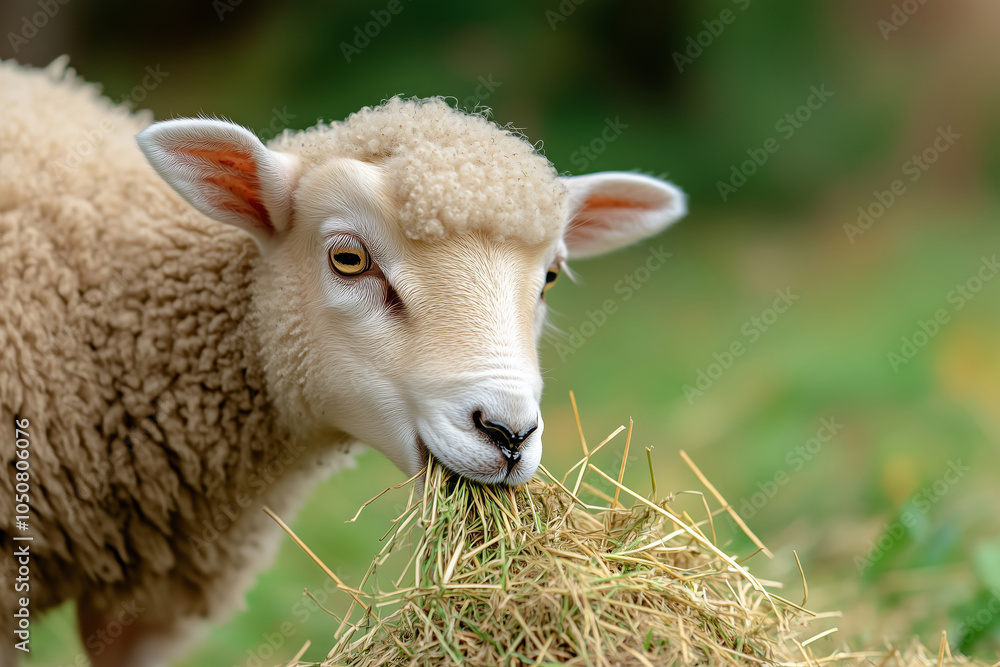 Fototapeta premium A curious sheep happily munches on fresh hay during a sunny afternoon