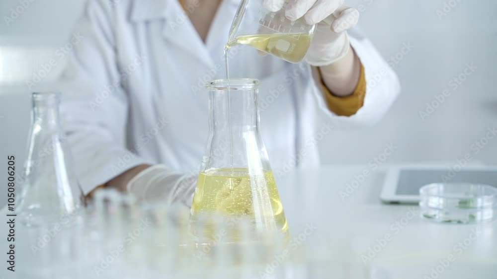 Unrecognizable woman scientist, wearing a lab coat and white protective gloves, is pouring a yellow oily liquid from one beaker to another in laboratory, close up. Medicine and microbiology science Unrecognizable woman scientist, wearing a lab coat and white protective gloves, is pouring a yellow oily liquid from one beaker to another in laboratory, close up. Medicine and microbiology science