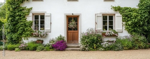 Quaint house with ivy trailing around the windows, flowers in bloom, cozy garden