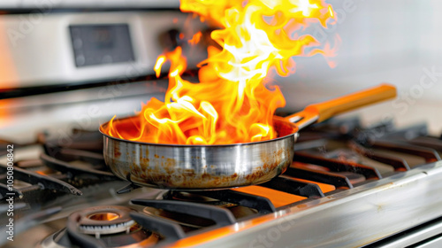 Intense flames engulfing a pan on a gas stove in a modern kitchen, highlighting the danger of unattended cooking. photo