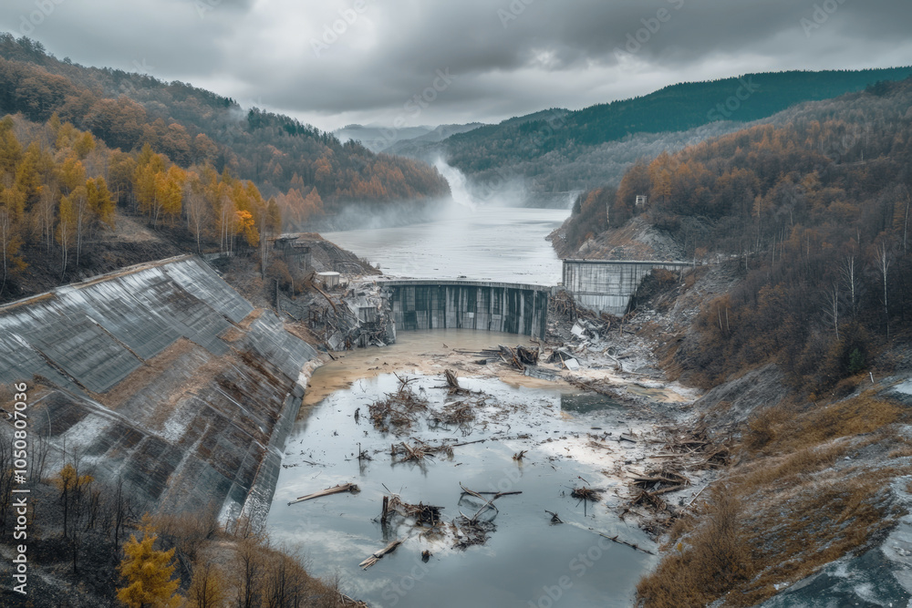 Fototapeta premium Destroyed dam wall with debris in dry riverbed