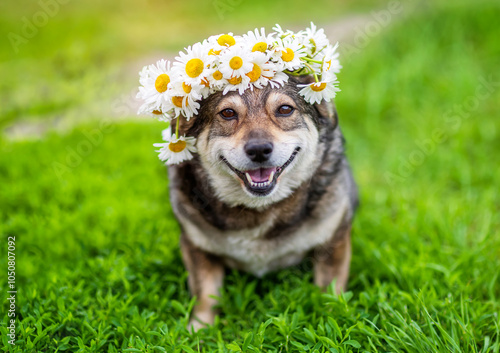 cute dog sitting on green grass in summer sunny meadow wearing wreath of whit...