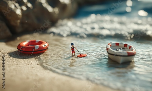 Miniature lifeguard and boat on beach. photo