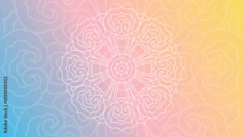 Fototapeta premium Round mandala on colorfull gradient background. Translucent mesh pattern in the form of a mandala. Mandala with floral patterns. Pastel Yoga template.