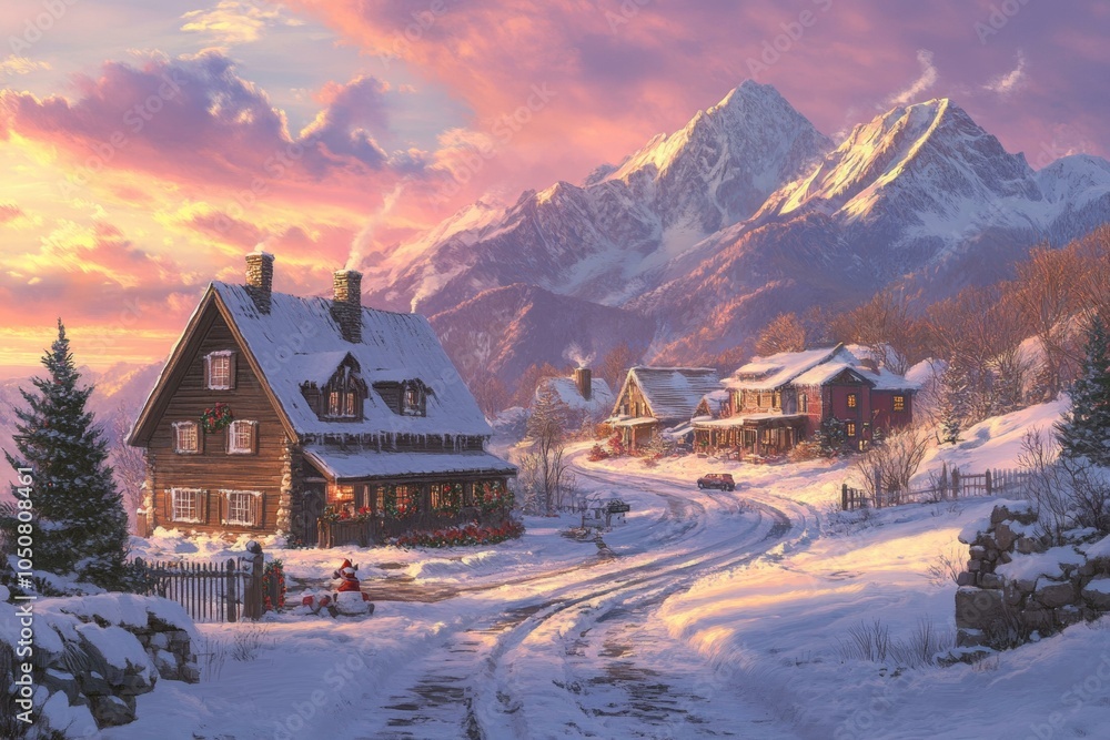 Fototapeta premium Snow-covered mountain village with rustic wooden cabins and pine trees under a clear blue sky.