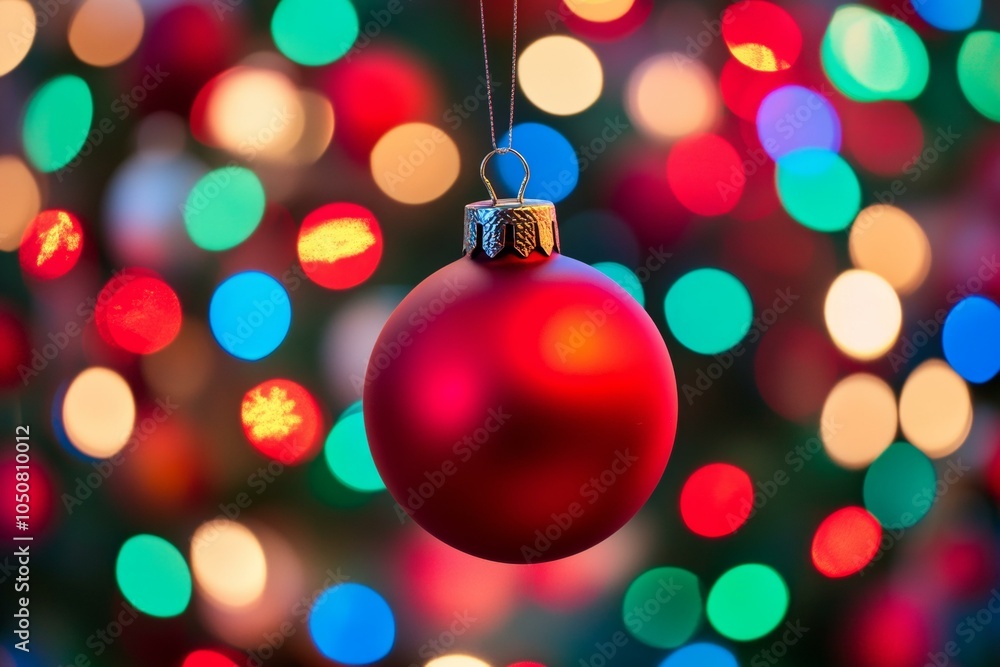 A vibrant red Christmas ornament hanging from a string against a festive holiday backdrop. A vibrant red Christmas ornament hanging from a string against a festive holiday backdrop.
