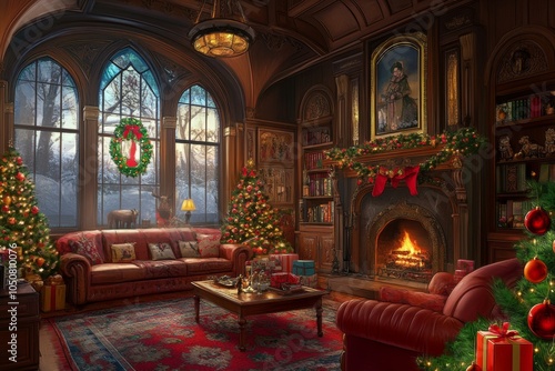 Wallpaper Mural Cozy living room adorned with festive Christmas decorations and a warm, inviting fireplace. Torontodigital.ca