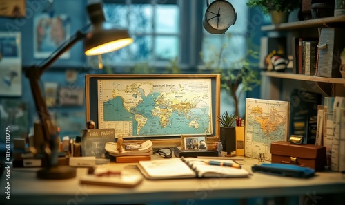 Desk with maps, books, and a lamp.