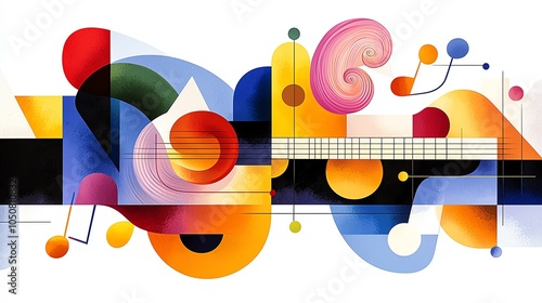 Abstract art illustration of a guitar with music notes.