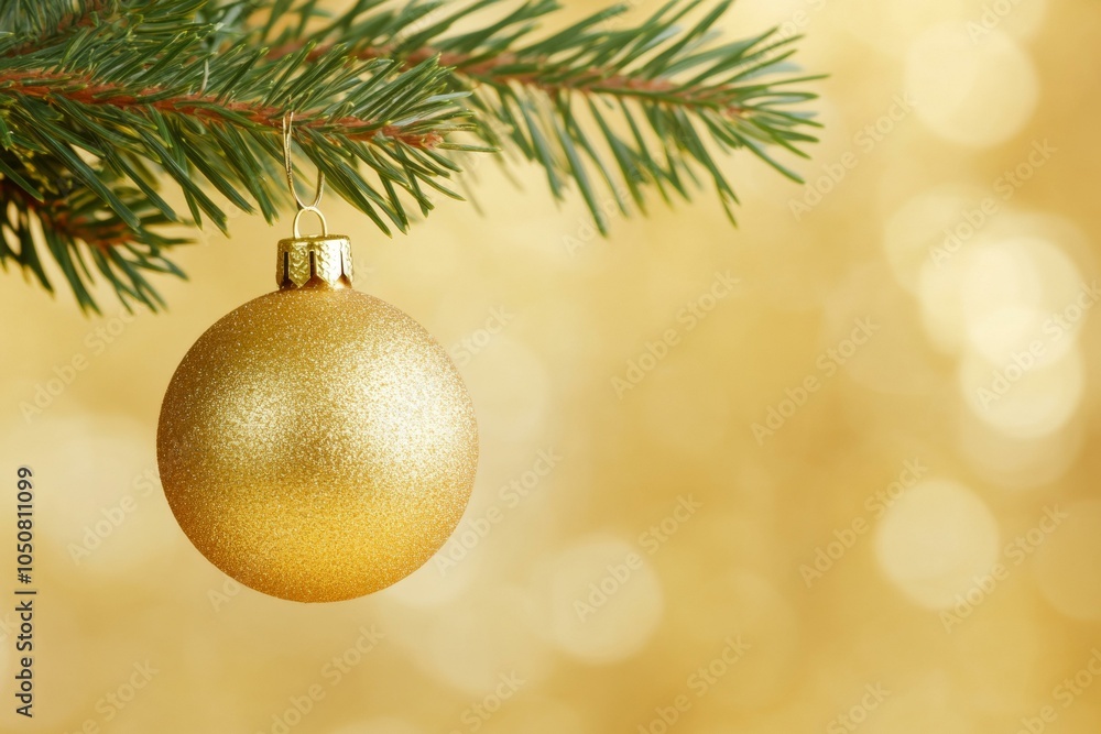 A golden Christmas ornament hanging from a lush green pine tree branch, symbolizing holiday festivity. A golden Christmas ornament hanging from a lush green pine tree branch, symbolizing holiday festivity.