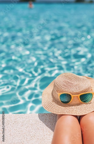 Relaxing by the turquoise pool with stylish sandals and sunglasses in tropical paradise