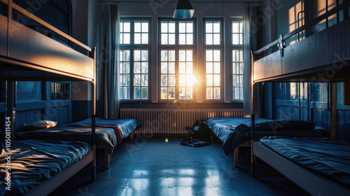 Sunlit youth hostel room with bunk beds, early morning light streaming through large windows.