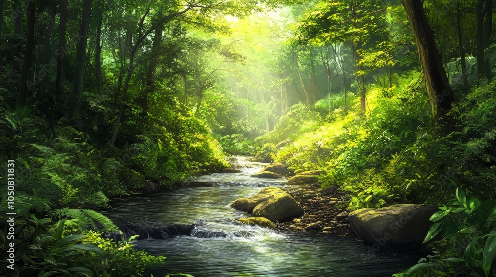 Gentle stream winding through lush forest adobe illustrator Gentle stream winding through lush forest adobe illustrator