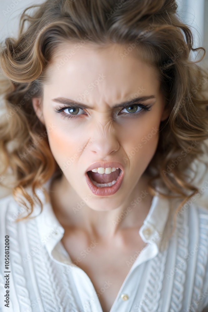 Woman with curly hair expressing strong emotions, captured indoors in natural light, showcasing intense facial expression. Generative AI
