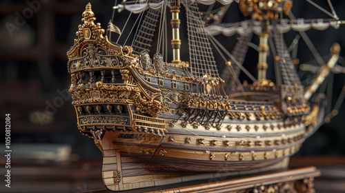 Exquisite 3d wooden model of a 16th century spanish galleon on a decorative stand photo