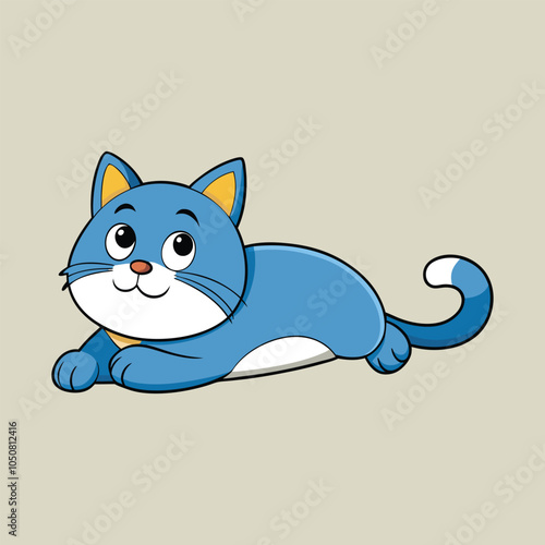 Hand drawn vector illustration of a cute funny colorful cat lying on its stomach.