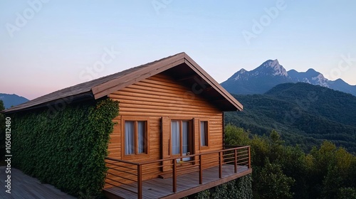 Wooden cabin with ivy on the exterior, mountain backdrop, twilight light