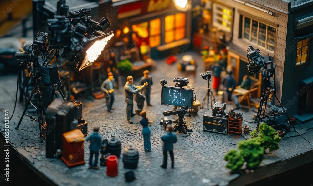 Obraz premium A miniature film set with lights and crew.