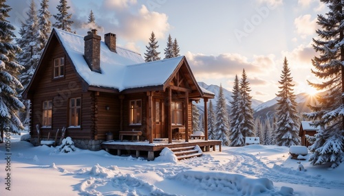 Cozy wooden cabin in snowy mountain landscape at sunrise